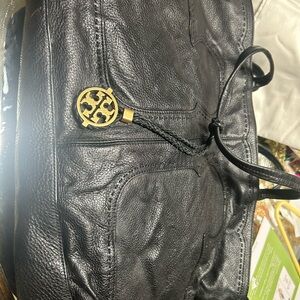 Tory Burch Black Leather Handbag with Logo Charm